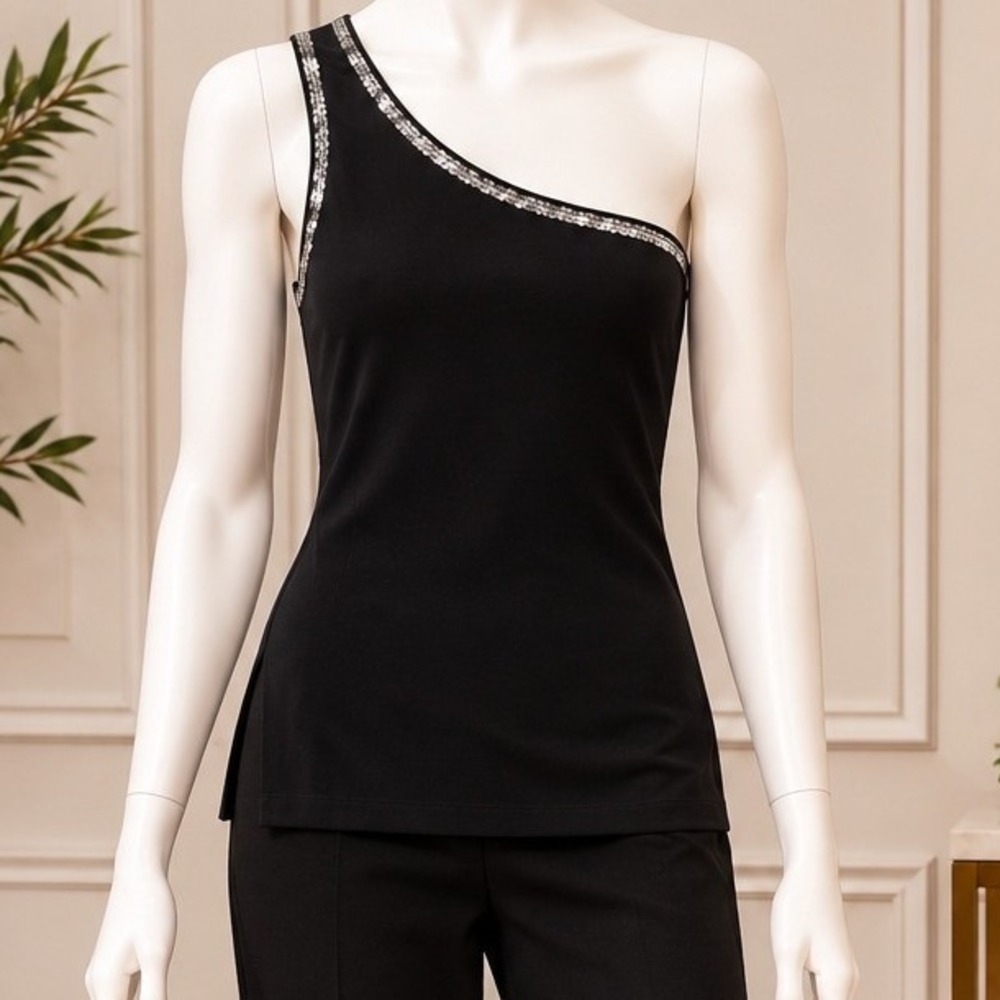 Moda International Women One Shoulder Top Sequin Trim Black Size 4